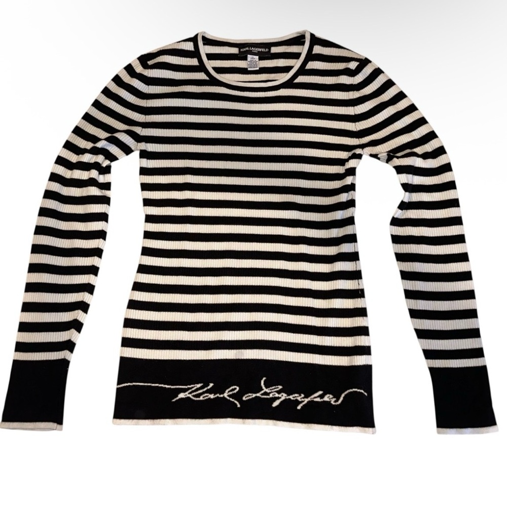 Karl Lagerfeld Paris Women’s Sweater Black & White Striped Ribbed Logo Top Sz S - Picture 2 of 7